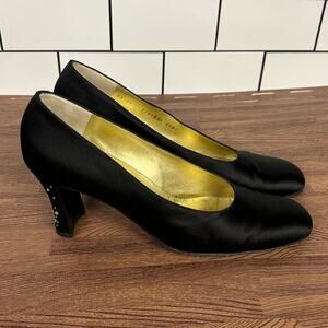 BRUNO MAGLI ITALY Size 10 AA Narrow Women's Black Satin Bejeweled 3” Heels Pumps